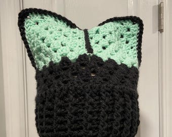 Handmade Crochet Cat Animal Ear Beanie Hat Cozy Ribbed Brim Stretch Winter Hat