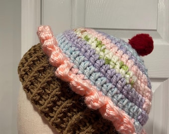 Handmade Crochet Rainbow Strawberry Cupcake Beanie Winter Hat Cozy Comfy Warm