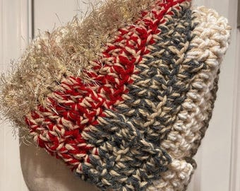 Handmade Crochet Chunky Ribbed Upcycled Multi Fiber Scrappy Yarn Beanie Hat