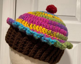 Handmade Crochet Rainbow Chocolate Cupcake Beanie Winter Hat Cozy Comfy Warm