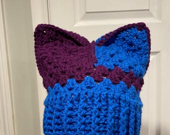 Handmade Crochet Cat Animal Ear Beanie Hat Cozy Ribbed Brim Stretch Winter Hat
