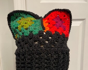 Handmade Crochet Cat Animal Ear Beanie Hat Cozy Ribbed Brim Stretch Winter Hat