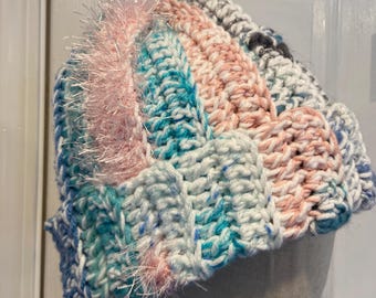 Handmade Crochet Chunky Ribbed Upcycled Multi Fiber Scrappy Yarn Beanie Hat