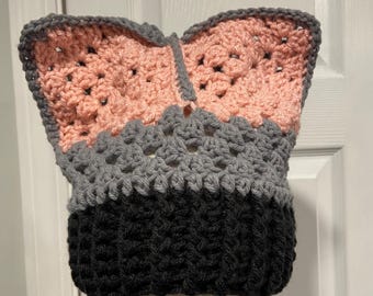 Handmade Crochet Cat Animal Ear Beanie Hat Cozy Ribbed Brim Stretch Winter Hat