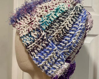 Handmade Crochet Chunky Ribbed Upcycled Multi Fiber Scrappy Yarn Beanie Hat
