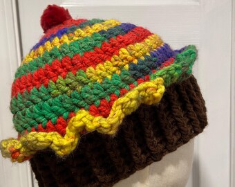 Handmade Crochet Rainbow Chocolate Cupcake Beanie Winter Hat Cozy Comfy Warm