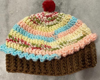 Handmade Crochet Rainbow Strawberry Cupcake Beanie Winter Hat Cozy Comfy Warm