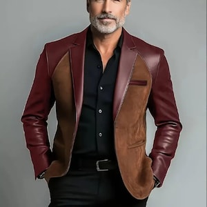 Men's Burgundy Leather Suede Blazer – Structured Cowhide Jacket for Business Wear