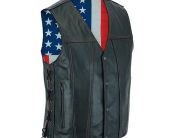 Mens Leather Vest | USA Flag Lined Biker Vest