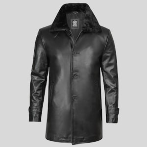 May include: A black leather coat featuring a faux fur collar. The coat has a button-up front, long sleeves, and a tailored fit. This classic coat is suitable for colder weather, a timeless design.