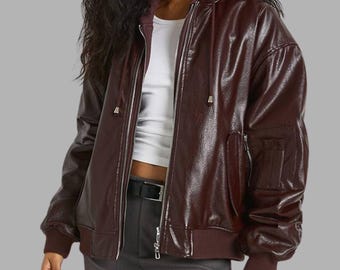 Women’s Hooded Faux Leather Bomber