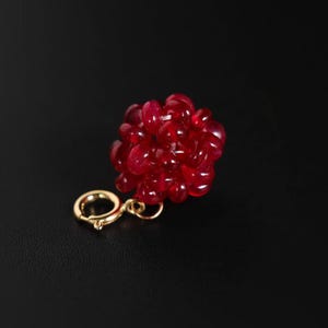 Puede incluir: Un grupo de pequeñas gemas redondas, de color rojo intenso, forma una forma floral. Se adjunta un cierre dorado. El fondo es negro sólido.