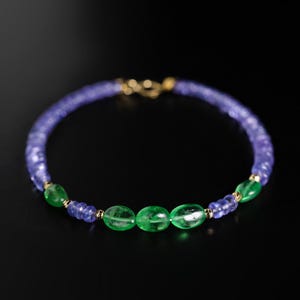 18K Gold Tanzanite Tsavorite Bracelet, Blue Green Gem Beaded Bracelet, Dainty Multigem Jewelry, Elegant Gift for Her