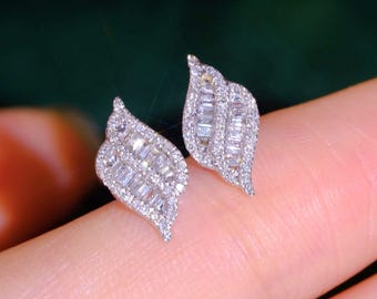 18K White Gold 0.24CT Diamond Leaf Stud Earrings - Trendy Geometric Ear Climber Earrings