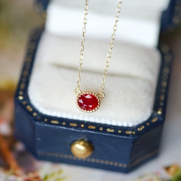 18K Gold Red Ruby Diamond Pendant, Minimalist Necklace, Oval Ruby, Chain Included, Solid Gold Pendant, Real Gold Necklace