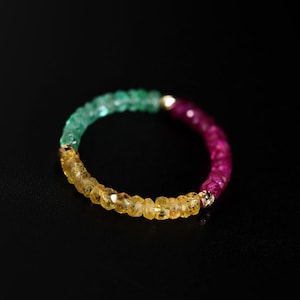 Multicolor Sapphire Ring 18K Gold, Emerald Accent Elastic Ring, Dainty Gemstone Stack Ring, Adjustable Tail Ring Gift for Her
