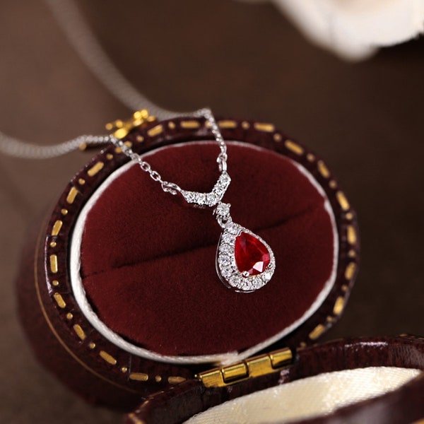 18K Gold Red Ruby Diamond Pendant, Princess Diana Style, Oval Ruby, Chain Not Included, Solid Gold Pendant, Real Gold Necklace