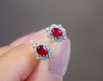 Solid 18K Gold Natural Ruby Stud Earrings for Women, Pigeon Blood Red Quality, Slimming Ear Accessories, Gift For Her Mum