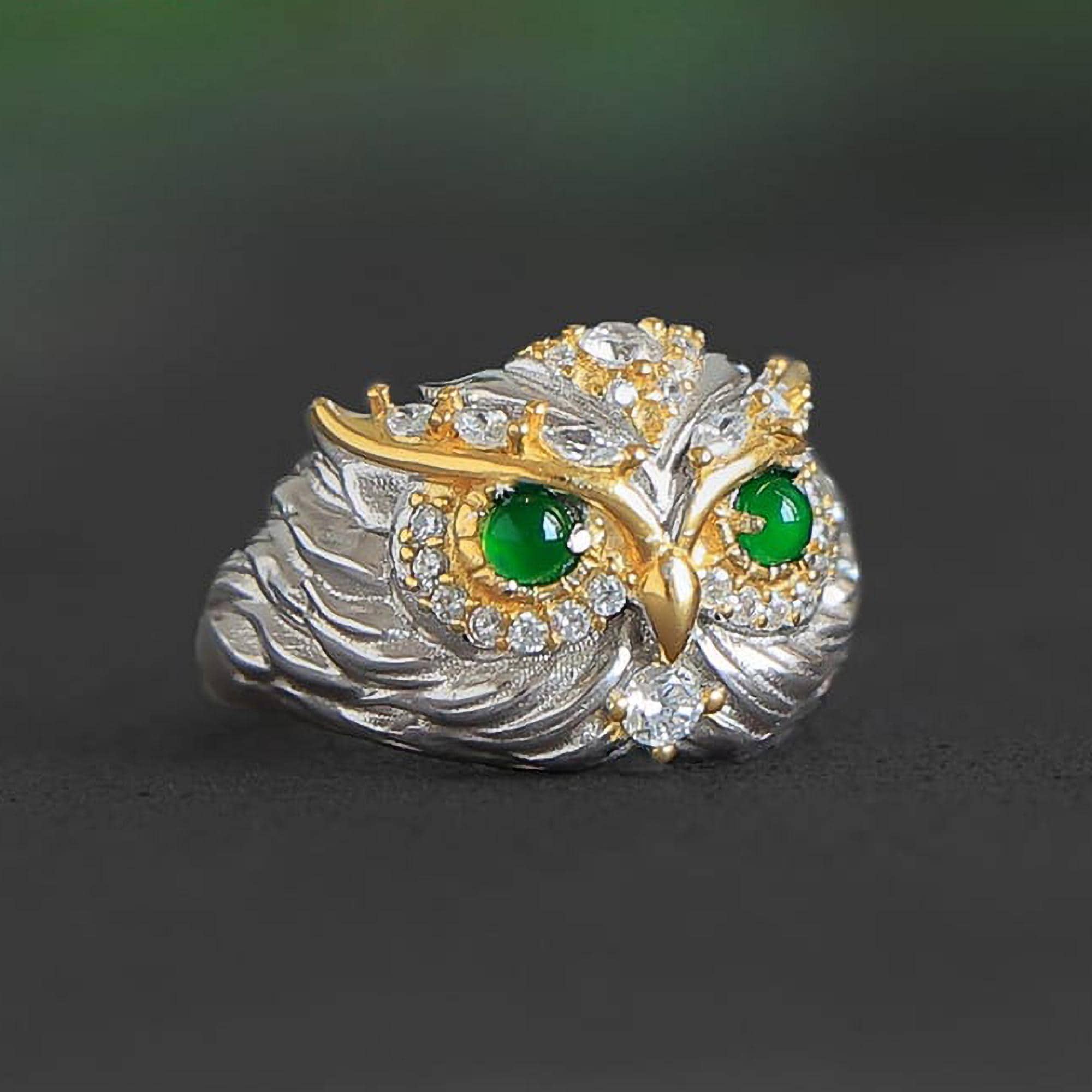 Type A Green Jadeite Owl Ring, Natural Jadeite Owl Silver Ring, S925 Sterling Silver Animal Ring, Un