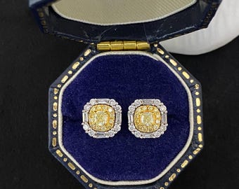 18K White Gold Yellow Diamond Stud Earrings: Square Halo Design