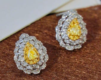 Elegant 18K Gold Diamond Stud Earrings - Yellow Diamond,  0.8 Carat TDW, Vintage-Inspired Luxury Gift For Her Mum