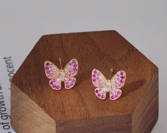 18K Gold Butterfly Earrings: Pink & White Sapphire Luxury Jewelry