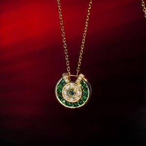 18K Gold Emerald and Diamond Amulet Necklace - Lucky Charm Pendant for Women, Luxury Gift