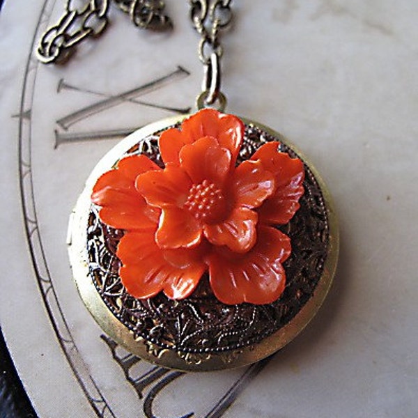 Vintage Filigree Locket With Burnt Orange Sakura Flower