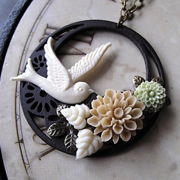 Ivory Swallow And Chocolate Brown Pendant Whimsical Vintage Inspired Art Necklace