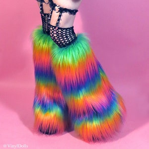 RAINBOW Rave Fluffies, Fuzzy Leg Warmers Rave furry Boot covers, Festival Wear, RaveWear