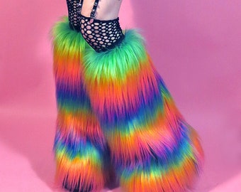 RAINBOW Rave Fluffies, Fuzzy Leg Warmers Rave furry Boot covers, Festival Wear, RaveWear