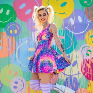 Tie Dye Rainbow Mermaid Holographic Dress, Kawaii Skater Dress, Festival Dress, Rave Wear, Fish Scale, Mermaid Skin