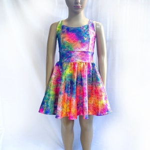 Tie Dye Rainbow Mermaid Girls Dress, Child Skater Dress, Party Dress, Summer Bathing Suit Dress, Shiny Holographic Kids Dress