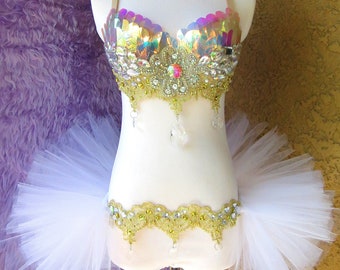 Iridescent Gold Rave Outfit: Bra & Tulle Bustle - Festival Costume
