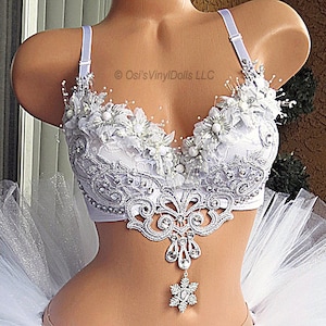 Silver White Winter Wonderland Rave Bra, Ice Princess, Snow Angel, Christmas, Bachelorette Bridal Bra