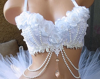 White Wonderland Rave Bra, Ice Princess, Snow Angel, Christmas EDM, Bachelorette Bridal Party Bra