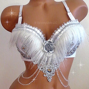 Winter Wonderland Rave Bra - White Bra, Crystals, Snow Angel, NYE, Dance Wear, White Wonderland, White Goddess, EDM Bra, Burlesque Bra