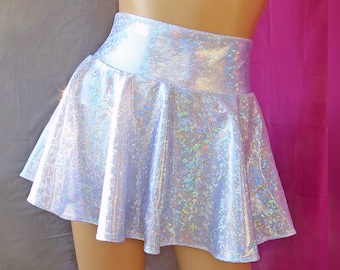 Holographic Skater Skirt, Shattered Glass Hologram Spandex, Rave Skirt, Festival Skirt, high waist skirt