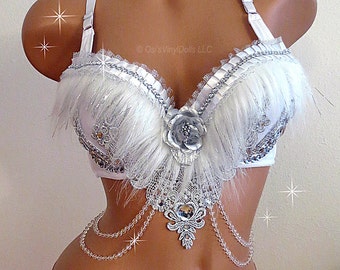 Winter Wonderland Rave Bra - White Bra, Crystals, Snow Angel, NYE, Dance Wear, White Wonderland, White Goddess, EDM Bra, Burlesque Bra