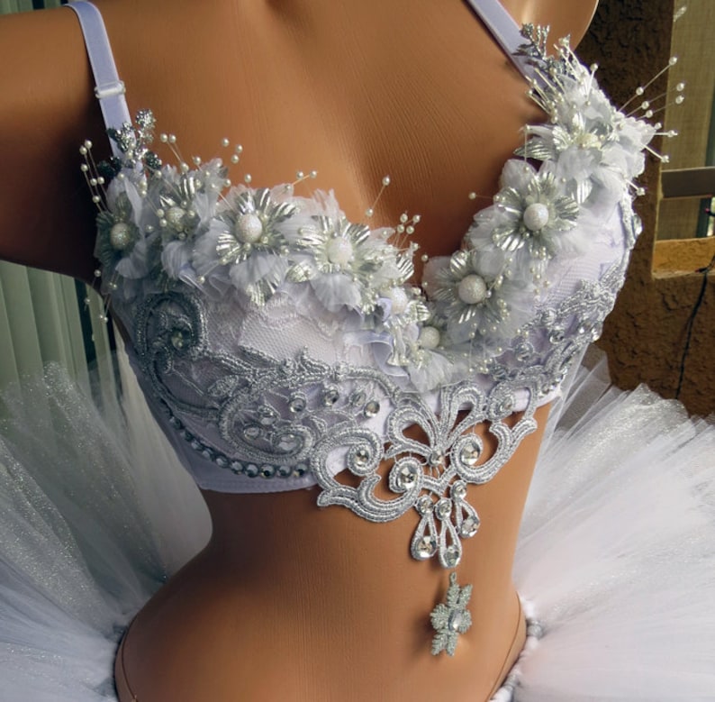 Silver White Winter Wonderland Rave Bra, Ice Princess, Snow Angel, Christmas, Bachelorette Bridal Bra image 3