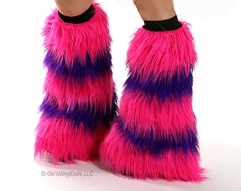 Hot Pink Purple Fluffies, Cheshire Cat Rave Furry Leg Warmers, Fur Boot Covers, Alice in Wonderland Costume, Beyond Wonderland