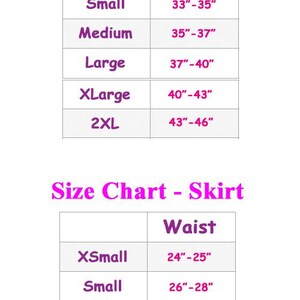 May include: Size chart for tops and skirts with measurements in inches. The chart shows sizes from X-Small to 2XL with corresponding bust and waist measurements.