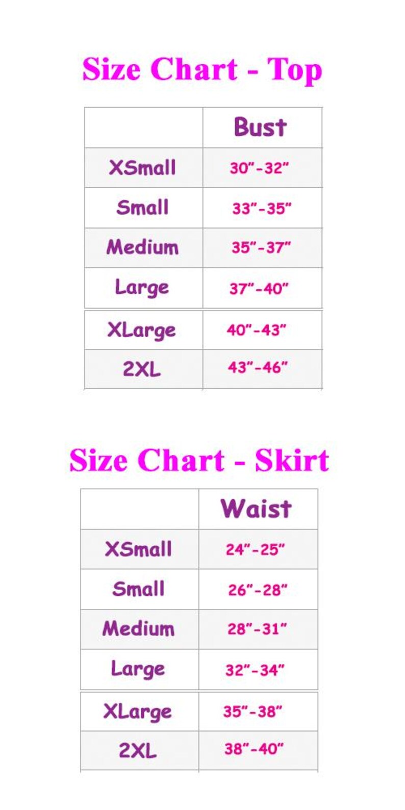 May include: Size chart for tops and skirts with measurements in inches. The chart shows sizes from X-Small to 2XL with corresponding bust and waist measurements.