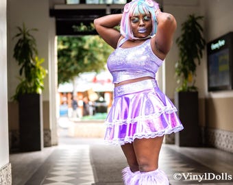Iridescent Lilac Purple Skirt and Top Set, Rave Festival Outfit, Plus Size