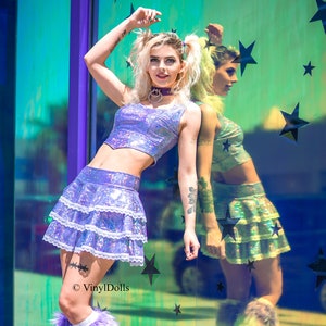 Funkelndes Flieder Set, Top und Rock, Holographic Rave Outfit, Festival Kleidung