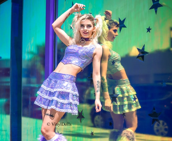 Sparkling Lilac Set, Top and Skirt, Holographic Rave Outfit, Festival Wear