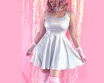 White Sparkle Holographic Dress, Festival Wear, Glitter Rave Dress