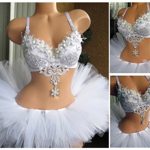 Silver White Winter Wonderland Rave Outfit - Bra and TuTu, Ice Princess, Snow Angel, Christmas, Bachelorette Bridal Costume