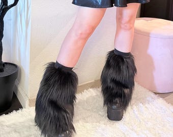 Mid-Calf Furry Leg Warmers - Black | Short Fluffy Boot Covers | Faux Fur Goth Rave Fluffies