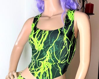 Black Lime Shimmering Lightning Bolt Crop Top, Rave Festival Wear